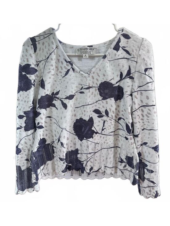 St. John Collection Tops - St. John Collection Marie Gray Vintage Floral Knit V-Neck Top Scalloped Hem, 2